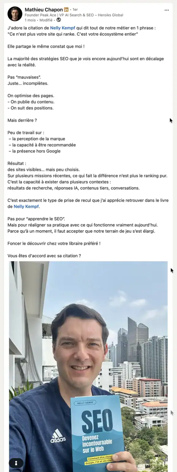 Avis LinkedIn de Mathieu Chapon (Peak Ace) sur le livre
