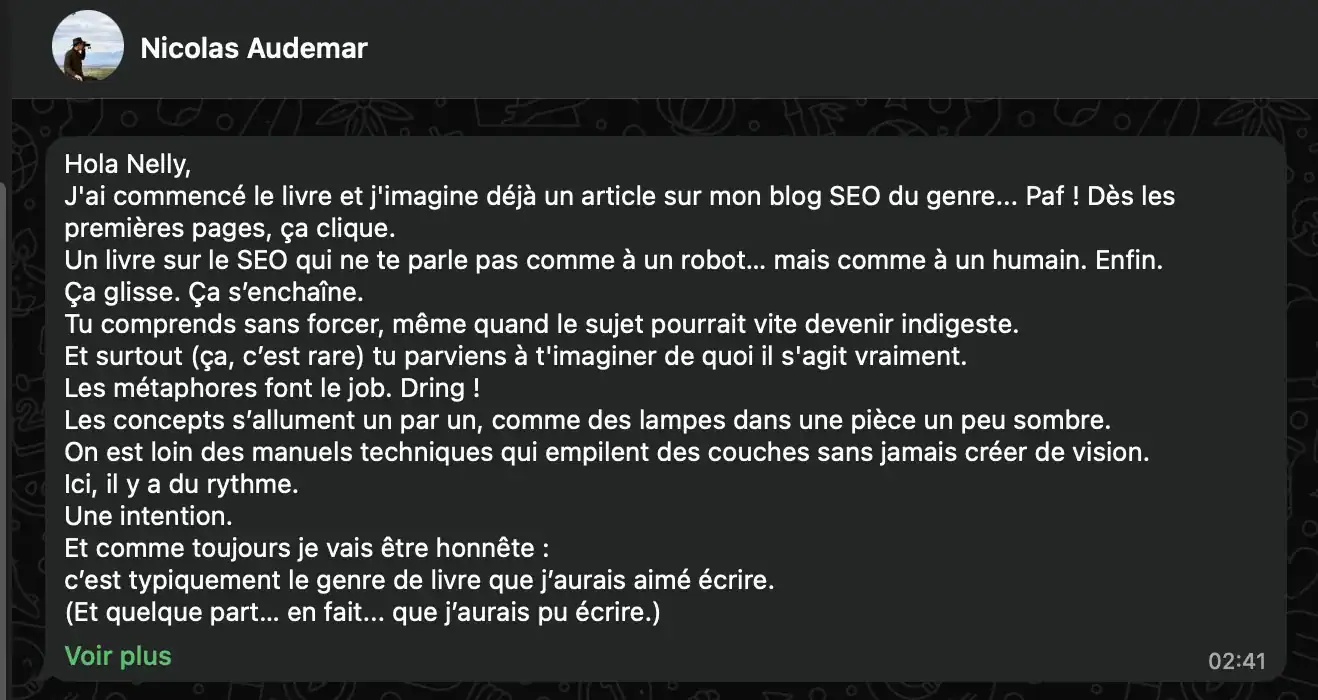 Message de Nicolas Audemar : c'est typiquement le genre de livre que j'aurais aimé écrire