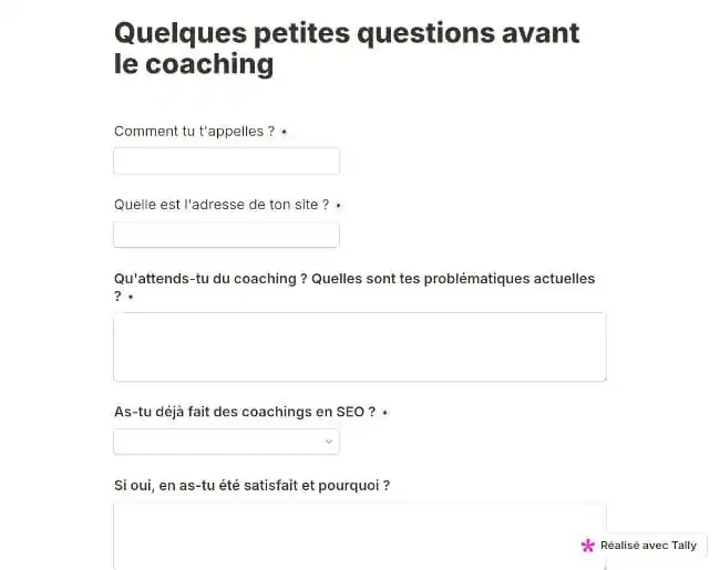 Aperçu du questionnaire avant le coaching