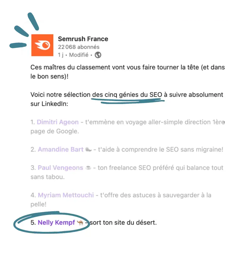 Post LinkedIn de Semrush France citant Nelly Kempf parmi les cinq SEO à suivre