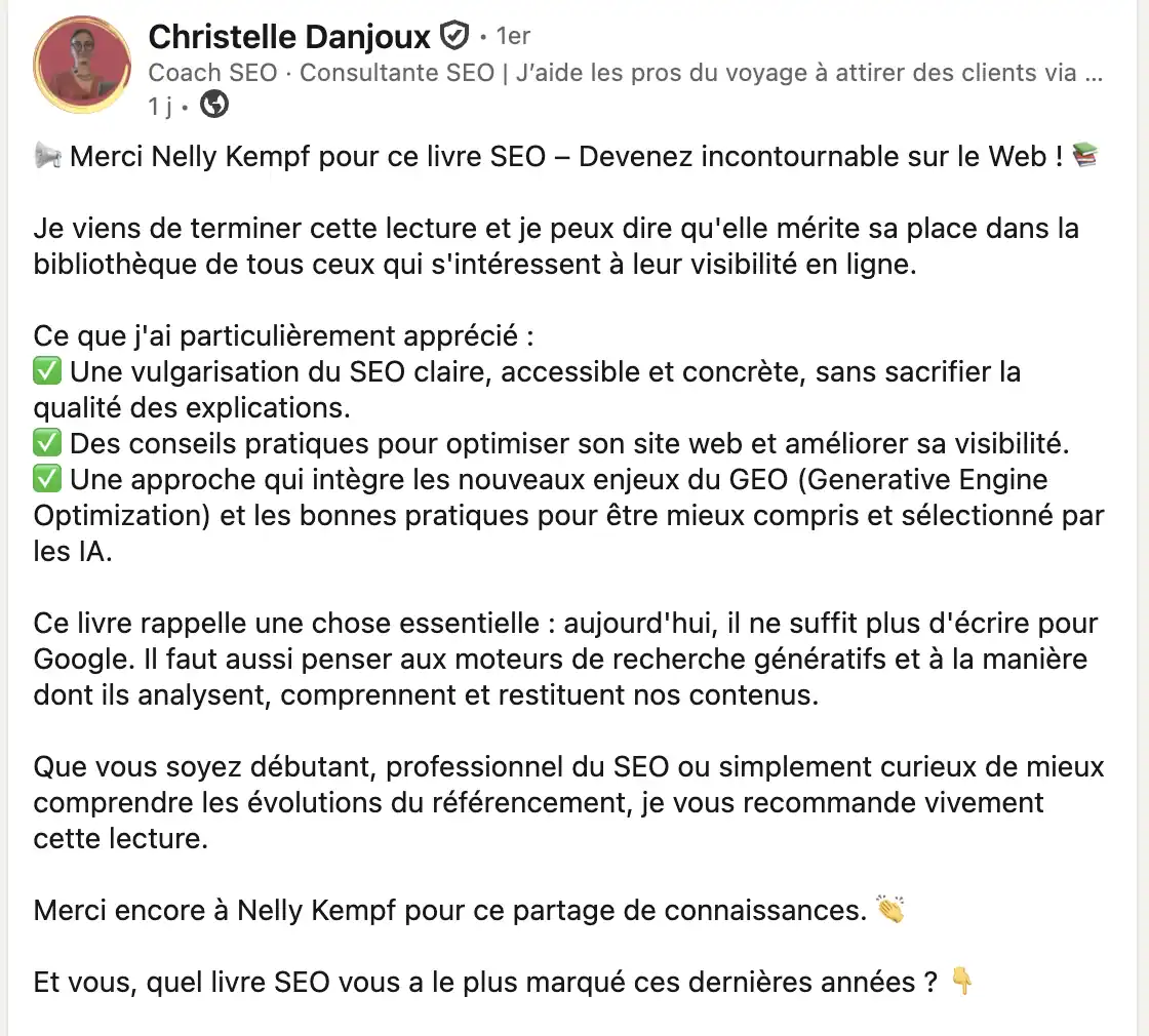 Recommandation LinkedIn de Christelle Danjoux, coach SEO, sur le livre de Nelly Kempf