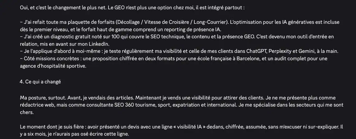 Mensaje de Discord de Nadia, alumna de Next Gen SEO : el GEO incluido en sus tarifas y la línea de visibilidad de IA en su presupuesto